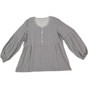 Max Studio ~Woman Plus Size 1X~White/Black Print Balloon Sleeve Empire Waist Top